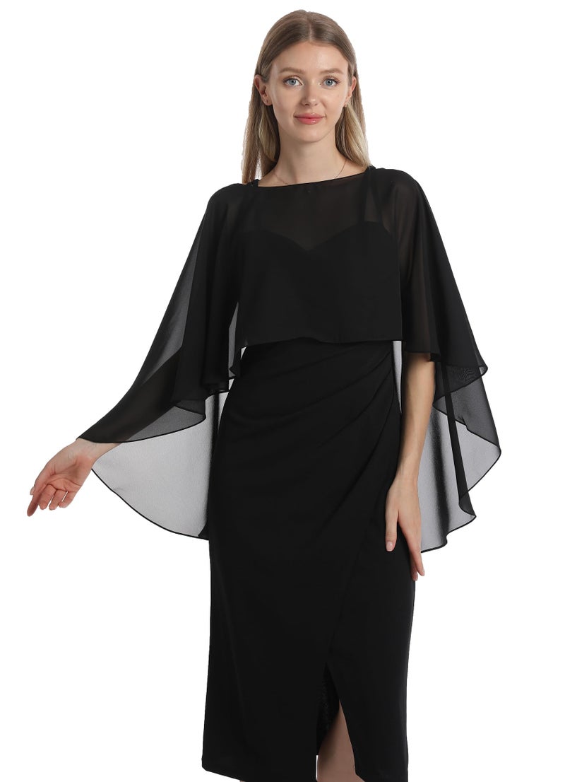 Hotshawl Capelets for women Chiffon Cape Shawls and Wraps for Evening Dress Wedding Capes Cover Up (Black) - Image 2